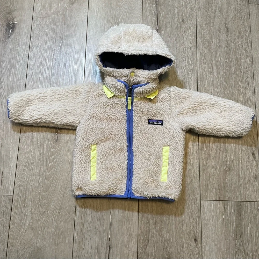 Patagonia Baby Reversible Puff-Ball Jacket - Blue Pink, Sherpa Lined Hooded 12 M - Picture 5 of 10